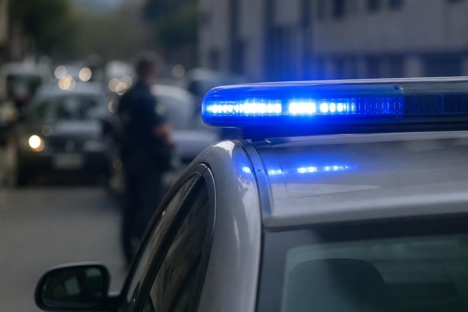 Blaues Blaulicht leuchtet auf dem Dach eines Polizeifahrzeugs mit unscharfem Beamten im Hintergrund