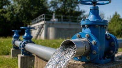 Blaue Industrieventile an silbernen Wasserrohren mit ausströmendem Wasser in einer Außenanlage
