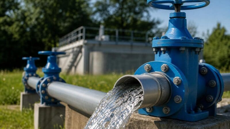 Blaue Industrieventile an silbernen Wasserrohren mit ausströmendem Wasser in einer Außenanlage