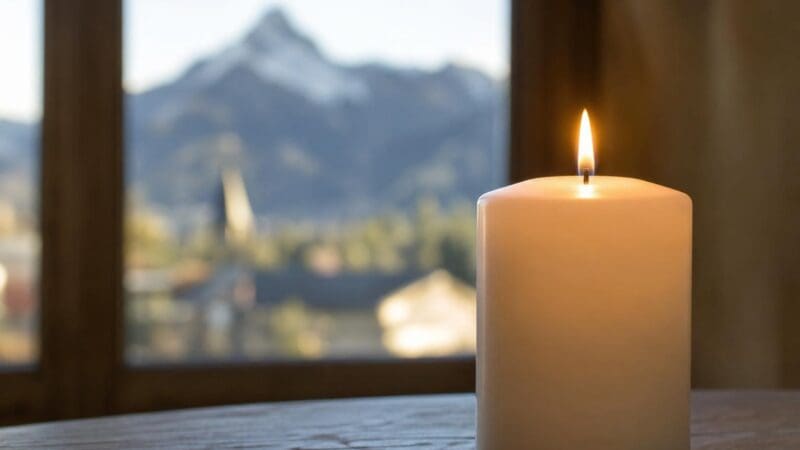 Brennende Kerze auf einem Holztisch mit unscharfem Blick auf Berge und einen Kirchturm im Hintergrund.