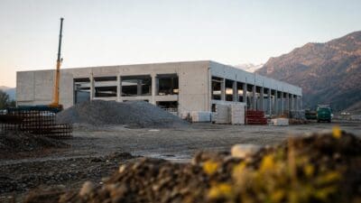 Baustelle mit unfertigem Betongebäude, Kran und Kieshaufen vor Bergkulisse