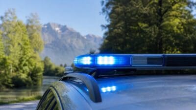 Polizeifahrzeug mit leuchtendem blauem Blaulicht vor Berglandschaft mit Bäumen und Wasser