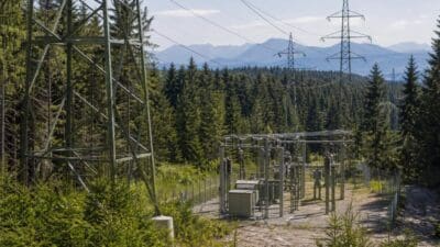 Umspannwerk mit Hochspannungsmasten in bewaldeter Landschaft und Bergen im Hintergrund