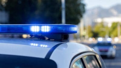Blaues Blaulicht auf dem Dach eines weißen Polizeifahrzeugs mit unscharfem Hintergrund