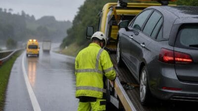 Einsatzkraft in gelber Warnkleidung steht neben gelbem Abschleppwagen mit grauem Pkw auf nasser Autobahn bei Regen