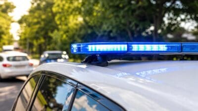 Blaues Blaulicht auf dem Dach eines weißen Polizeifahrzeugs vor grünen Bäumen.