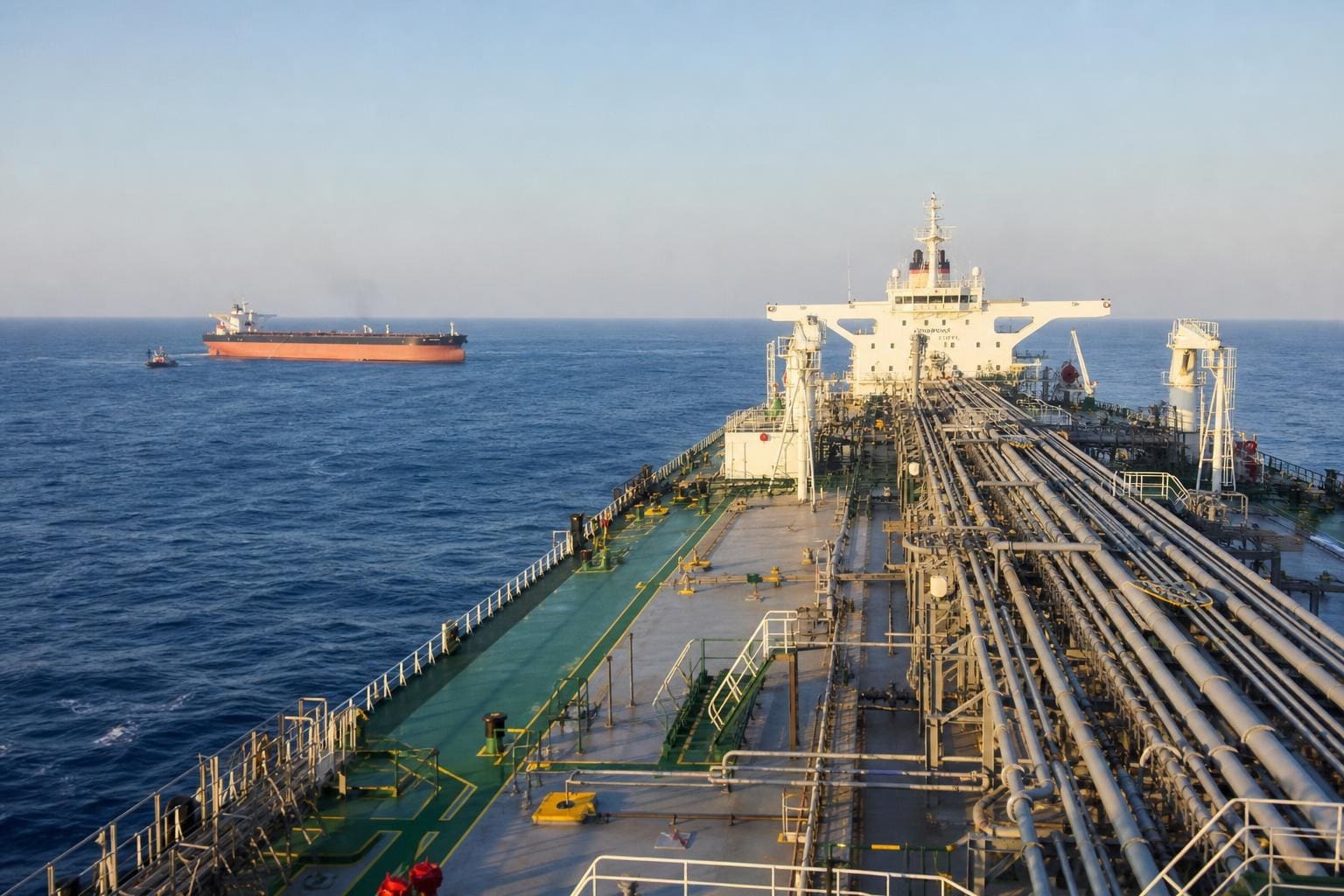 Deck eines Tankers mit Rohrleitungen und ein weiteres Schiff auf dem offenen Meer
