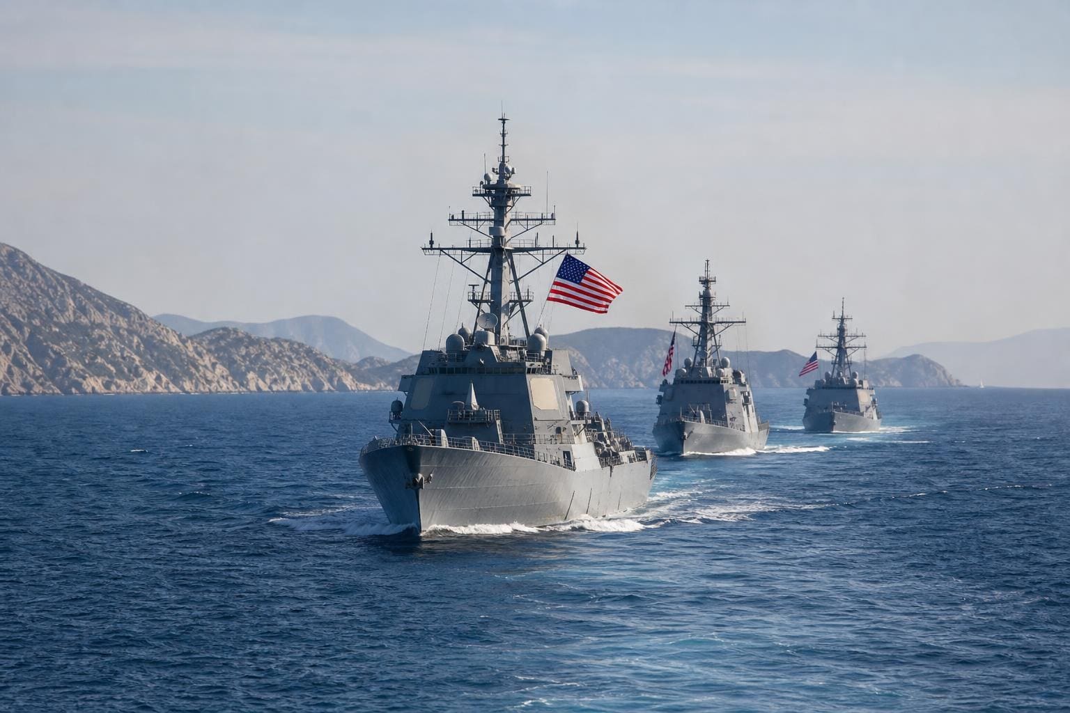 Drei graue US-Zerstörer mit wehenden amerikanischen Flaggen fahren in Formation auf dem Meer.