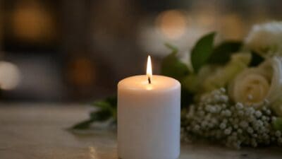 Eine brennende weiße Kerze auf einer Marmorplatte neben weißen Rosen und Schleierkraut