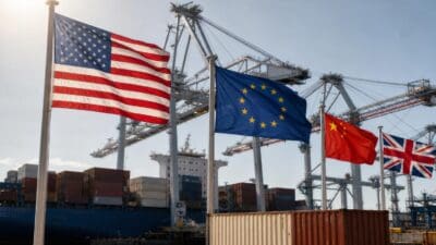Die Flaggen der USA, EU, China und Großbritannien flattern vor einem Containerhafen mit Kränen