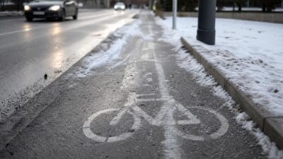 Verschneiter Radweg mit aufgemaltem Fahrradsymbol neben einer befahrenen Straße