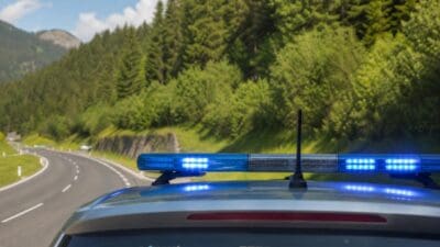 Heckansicht eines Polizeifahrzeugs mit aktiviertem blauen Blaulicht auf einer kurvigen Straße vor Bergen und Wald