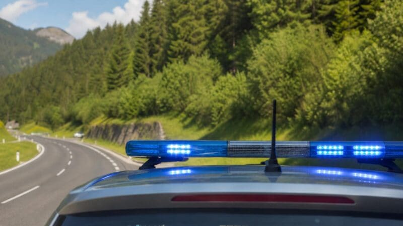 Heckansicht eines Polizeifahrzeugs mit aktiviertem blauen Blaulicht auf einer kurvigen Straße vor Bergen und Wald