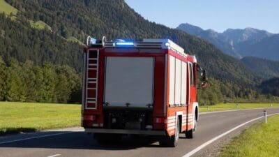 Rotes Feuerwehrauto mit Blaulicht fährt auf einer Landstraße vor bewaldeten Bergen