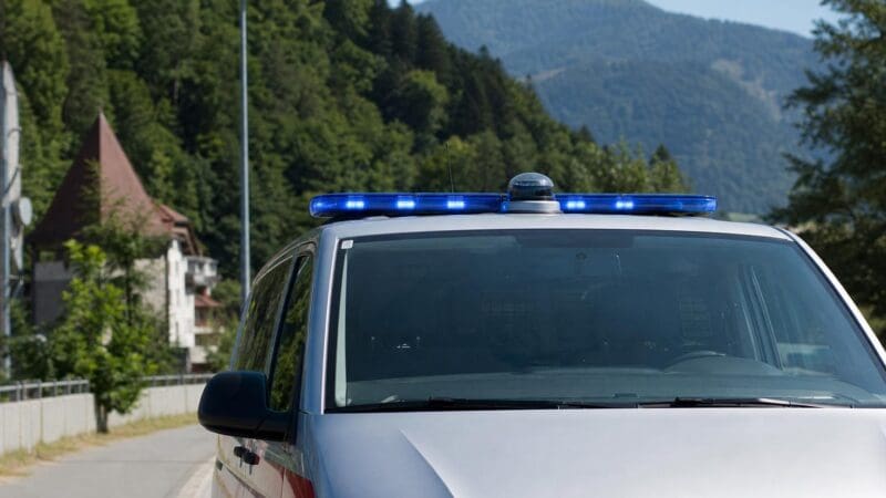 Weißes Einsatzfahrzeug mit blauem Blaulicht auf dem Dach vor bewaldeten Bergen