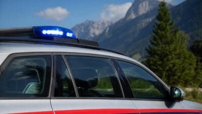 Seitenansicht eines silbernen Polizeiautos mit rot-blauen Streifen und leuchtendem Blaulicht vor Bergen