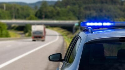 Polizeifahrzeug mit blauem Blaulicht auf einer Autobahn hinter einem Lkw