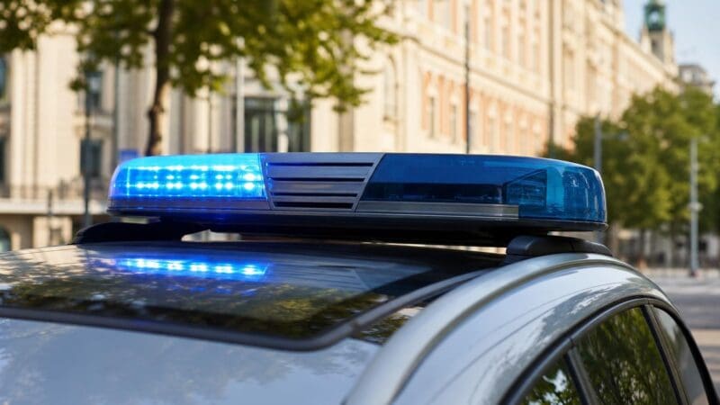 Blaues Blaulicht leuchtet auf dem Dach eines silbernen Polizeifahrzeugs vor historischen Gebäuden