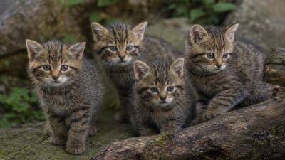 Vier gestreifte Wildkatzenjunge sitzen auf einem Felsen und einem Holzstamm.