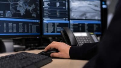 Eine Hand bedient eine Computermaus vor mehreren Bildschirmen mit Karten und Daten.