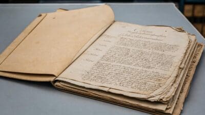 Aufgeschlagenes altes Manuskript mit handschriftlichem Text auf vergilbten Seiten auf einem Tisch