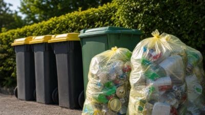 Gelbe Säcke mit Verpackungsabfällen stehen neben bunten Mülltonnen vor einer Hecke