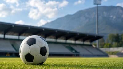 Ein schwarz-weißer Fußball liegt auf grünem Rasen in einem leeren Stadion mit Bergen im Hintergrund.