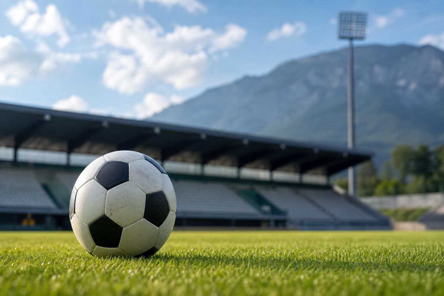 Ein schwarz-weißer Fußball liegt auf grünem Rasen in einem leeren Stadion mit Bergen im Hintergrund.