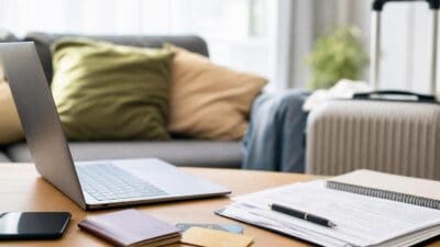 Aufgeklappter Laptop, Smartphone, Brieftasche mit Kreditkarten und aufgeschlagenes Notizbuch auf einem Holztisch vor einem Sofa.