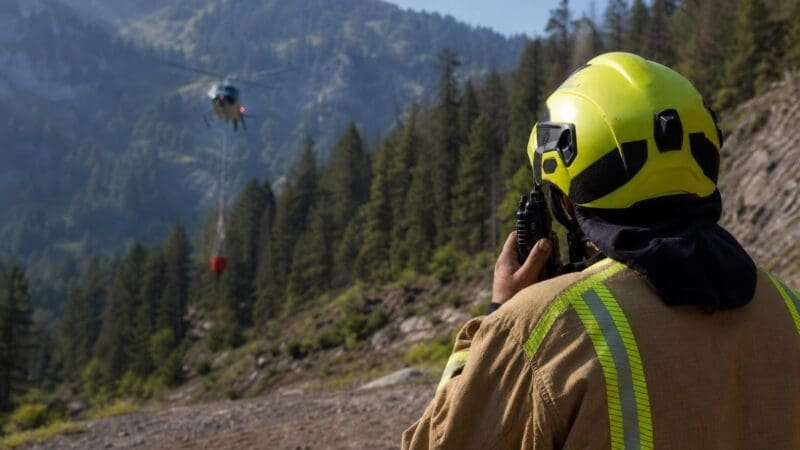 Feuerwehrmann mit gelbem Helm beobachtet Löschhubschrauber mit Wasserbehälter in Berglandschaft