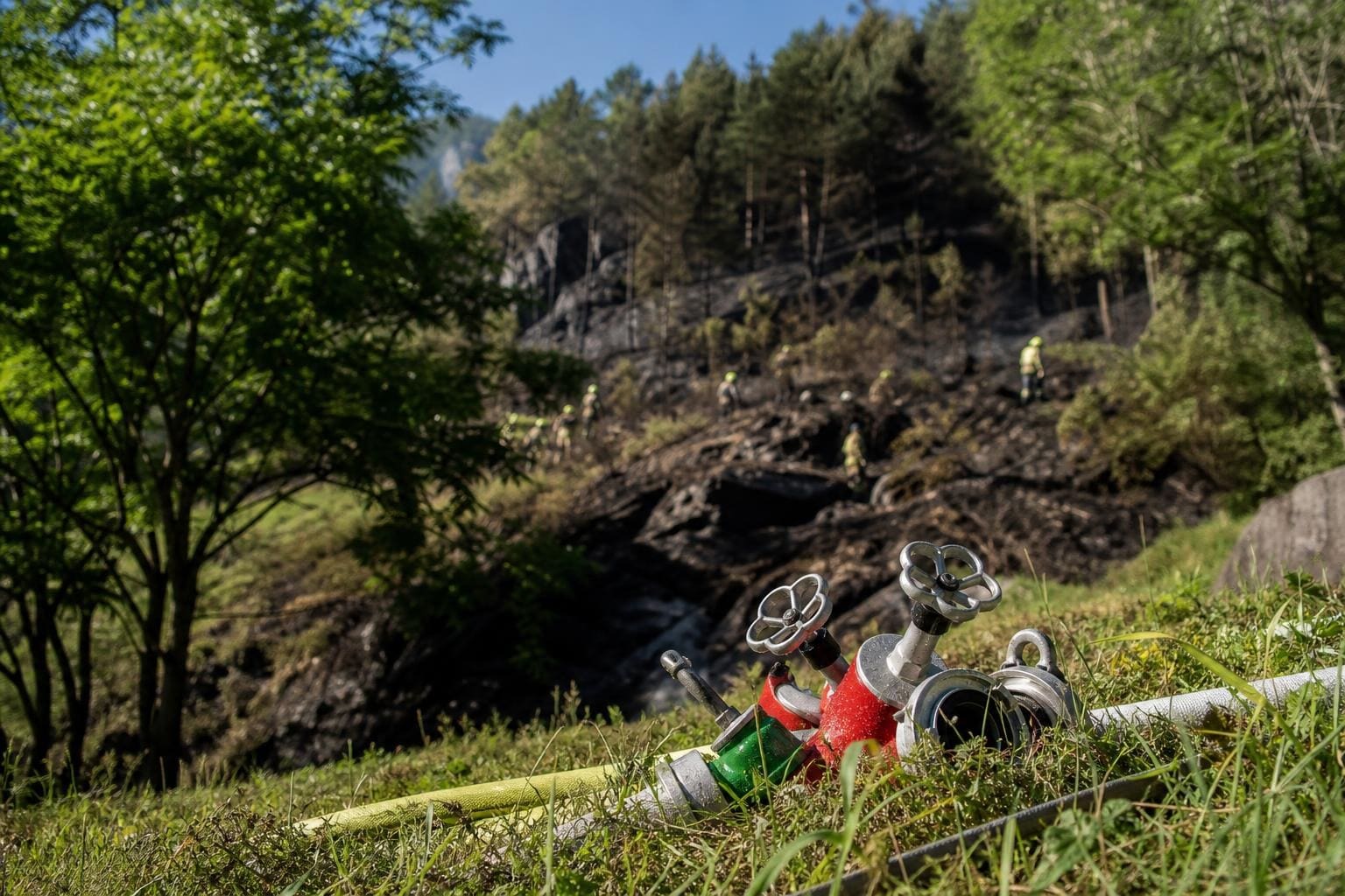Feuerwehrschläuche und Ventile auf einer Wiese vor einem verbrannten Waldhang mit Einsatzkräften
