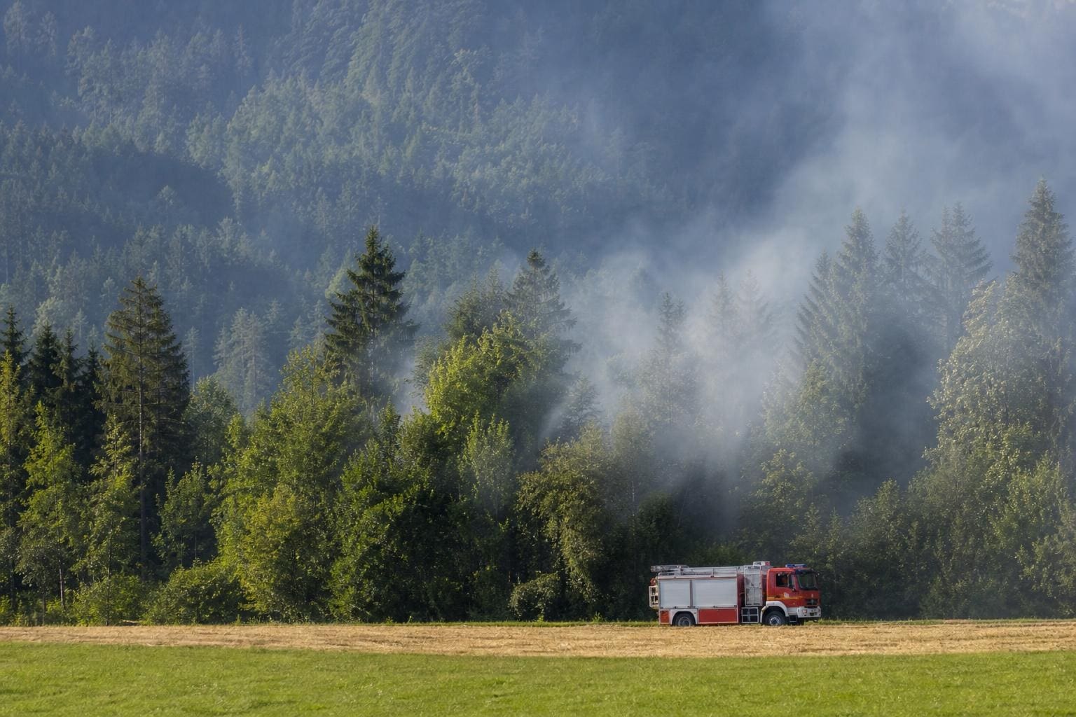 Rotes Feuerwehrauto steht auf einer Wiese vor einem mit Rauch verhangenen Wald in den Bergen.