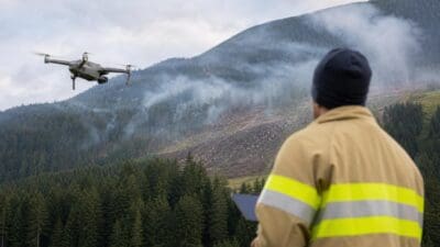 Feuerwehrmann steuert Drohne vor rauchendem Berghang mit Waldbrandspuren