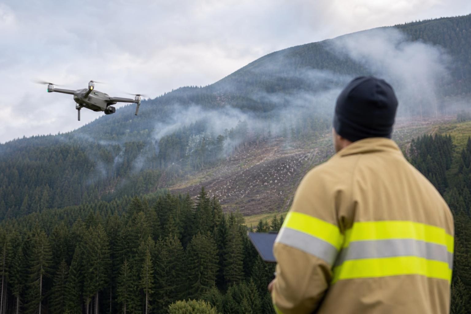 Feuerwehrmann steuert Drohne vor rauchendem Berghang mit Waldbrandspuren