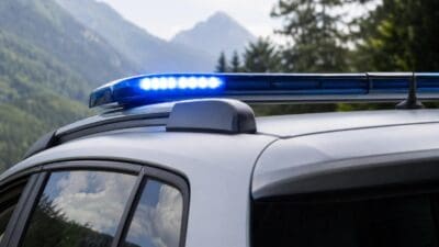 Blaues Blaulicht auf dem Dach eines silbernen Einsatzfahrzeugs vor Berglandschaft