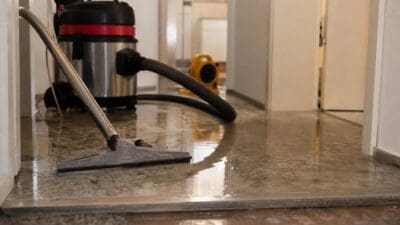 Ein Industriestaubsauger saugt Wasser von einem nassen Boden in einer Wohnung auf.