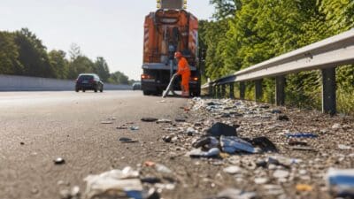 Müll liegt am Rand einer Autobahn während ein Arbeiter in orangener Kleidung mit einem Saugwagen reinigt
