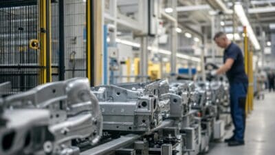 Metallische Fahrzeugkomponenten auf einem Förderband in einer hellen Industriehalle mit einem Arbeiter im Hintergrund