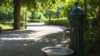 Grüner Trinkbrunnen mit fließendem Wasser in einem sonnigen Park mit Bäumen