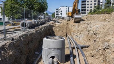 Offene Baugrube mit Betonschacht, Rohren und Bagger auf einer Baustelle in Tirol