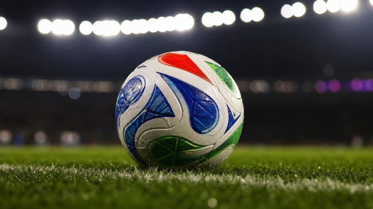 Bunter Fußball liegt auf grünem Rasen im Flutlicht eines Stadions