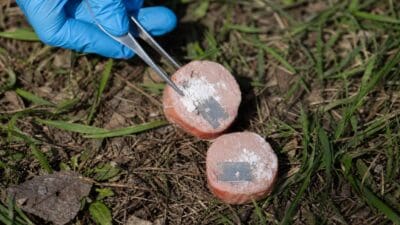 Blaue behandschuhte Hand hält mit Pinzette Rasierklinge in Wurststück mit weißem Pulver