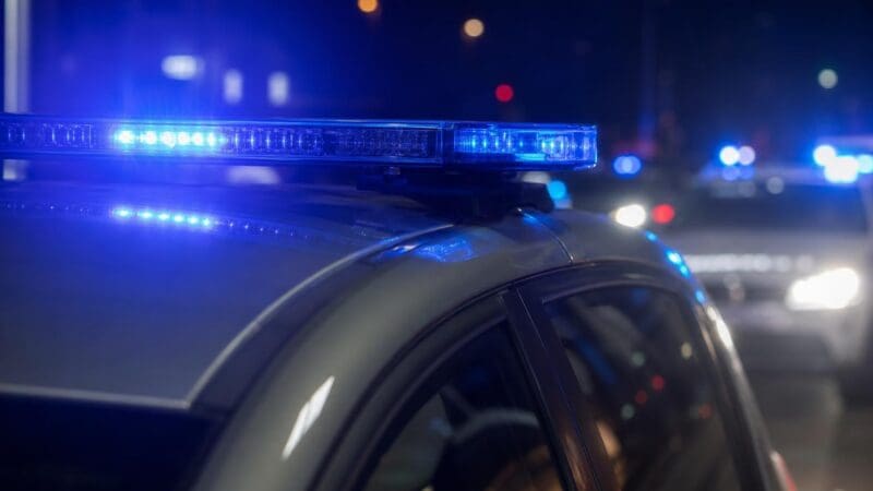 Blaues Blaulicht auf dem Dach eines Polizeifahrzeugs bei Nacht mit weiteren Einsatzfahrzeugen im Hintergrund