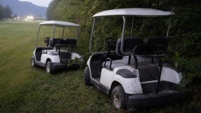Zwei weiße Golfcarts parken auf einer Wiese neben dichtem Gebüsch in der Dämmerung