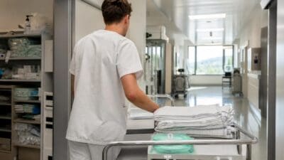 Ein junger Mann in weißer Arbeitskleidung schiebt einen Rollwagen mit Bettwäsche durch einen Krankenhausflur.