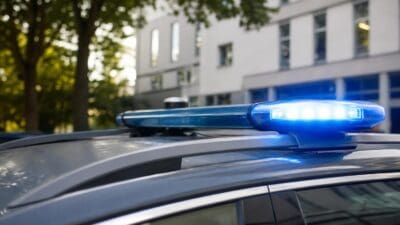 Blaues Blaulicht leuchtet auf dem Dach eines Polizeifahrzeugs vor einem Gebäude.