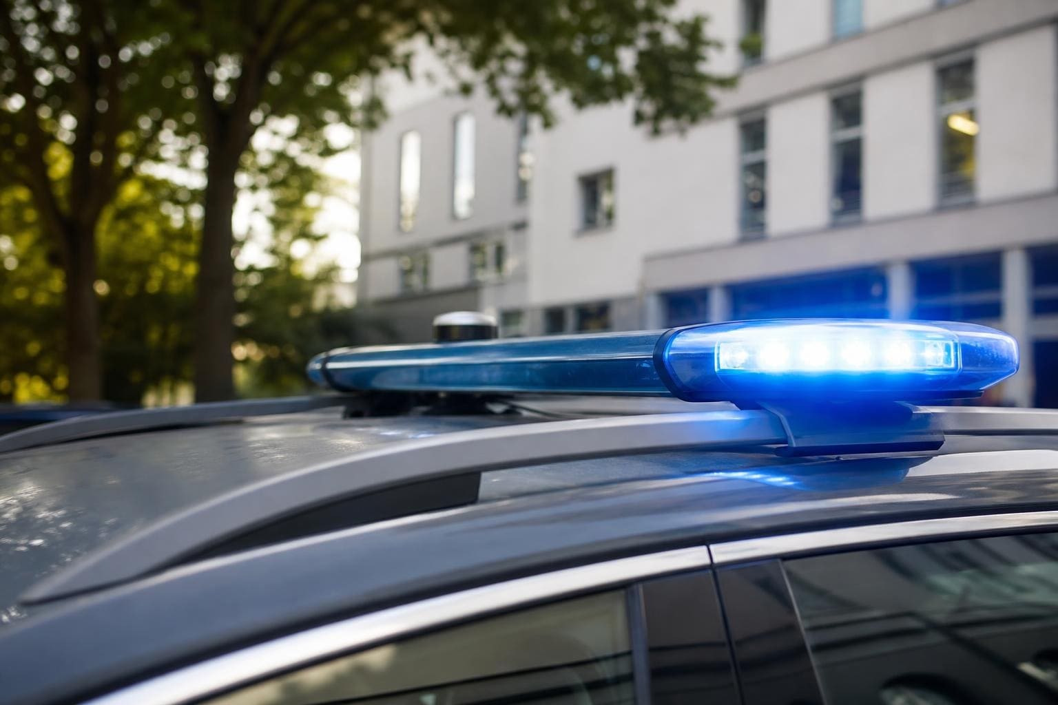 Blaues Blaulicht leuchtet auf dem Dach eines Polizeifahrzeugs vor einem Gebäude.
