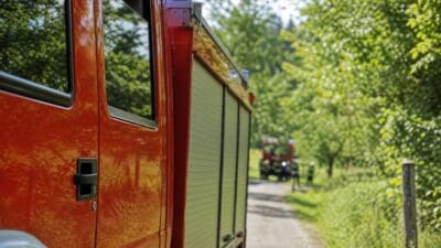 Nahaufnahme eines roten Feuerwehrfahrzeugs mit blauer Signalleuchte auf einer ländlichen Straße im Hintergrund ein weiteres Fahrzeug und Bäume