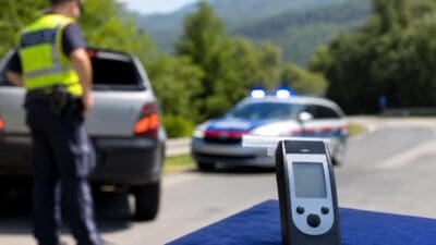 Alkoholtestgerät auf blauem Tuch mit Polizist und Streifenwagen im Hintergrund