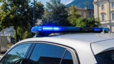 Leuchtendes blaues Blaulicht auf dem Dach eines weißen Polizeifahrzeugs vor Bergen und Bäumen